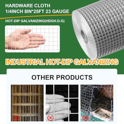 TNELTUEB 8in x 25Ft Hardware Cloth Hot-Dip Galvanized Welded Wire Mesh - Heavy Duty 1/4inch 23 Gauge Chicken Wire Fencing for Garden, Chicken Coop, Rabbit Cage, Rodent & Predator Protection - size: 8in x 25ft