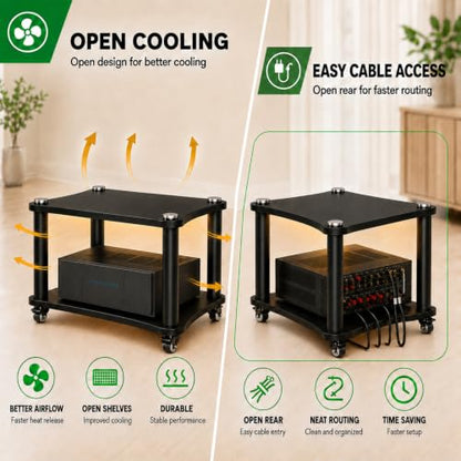 2-Tier AV Media Stand with LED Lights, Heavy Duty Mobile Stereo Cabinet Stand with Wheels, Wooden Stereo Rack, Audio Rack Furniture Perfect for DVD Player/Game Console (with Lights, 2 Tier) - color: With Lights, size: 2 Tier