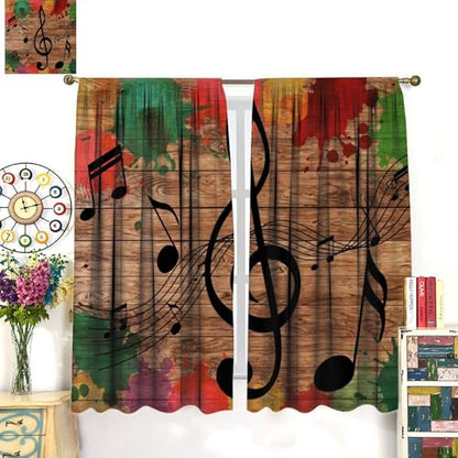 Music Notes Curtain, Funny Disco Retro Wood Board Graffiti Window Treatments Drapes for Bedroom Living Room Bathroom 42" W X 45" L(No Blackout) - color: Musical-6, size: 20.5"W x 45"L (Pack of 2)