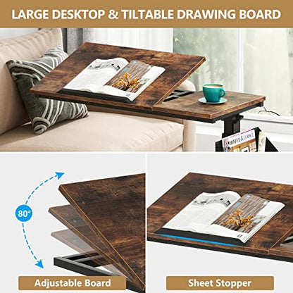 Tribesigns Height Adjustable C Shaped End Table with Wheels and Side Pocket, Mobile Sofa Snack Table with Tiltable Drawing Board, Laptop Side Tray Table for Couch Bed (Rustic Brown) - color: Rustic Brown