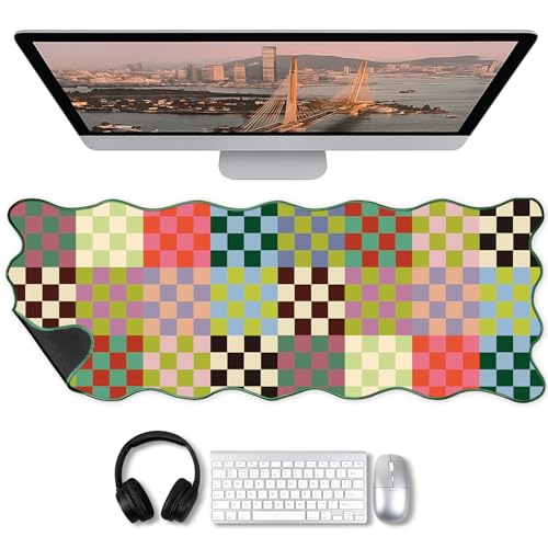 Copkim 1 Pcs Colorful Scalloped Checkered Desk Mat 31.5 x 11.8 Large Cute Mouse Pad Computer Mat Non Slip Waterproof Rubber Base with Border Stitching Soft Keyboard Pad for Home Office Game Makeup - color: Colorful, style: Checkered