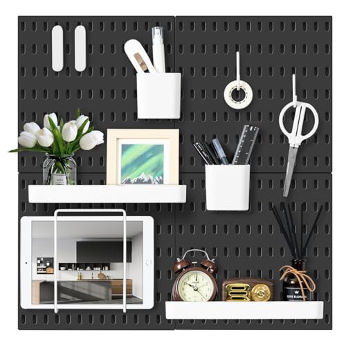 VUSIGN Pegboard Combination Wall Organizer Kit, 4 Pieces Pegboards and 17 Accessories Modular Hanging, Wall Mount Display Peg Board Panel Kits for Bedroom, Home, Office, Bathroom, 22" x 22", Black - color: Black - 4 Pieces