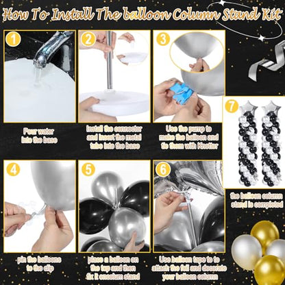 Gejoy 110 Pcs Black Silver Balloons Column Stand Kit Adjustable Tower Stand from 1.4 to 6.6 ft with Bases for Back to School Wedding Birthday Baby Shower Party - color: Black Silver