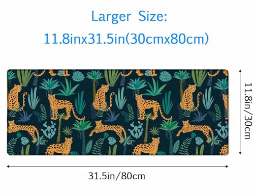 Gaming Mouse Pad XXL XL Large Mouse Pad Mat Long Extended Mousepad Desk Pad Non-Slip Rubber Mouse Pads Stitched Edges Thin Pad (31.5x11.8x0.12 Inch)-Leopard Pattern with Tropical Leaves - color: Leopard Pattern With Tropical Leaves, size: 31.5L x 11.8W in