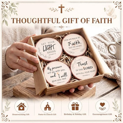 Domensi 8 Pcs Christian Coaster Set Ceramic Coaster with Bible Verse Religious Absorbent Coasters Wood Style Drink Cup Mat for Church Christian Decoration Table Protection - style: Wood