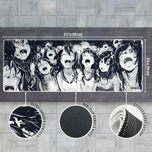 XL Black & White Manga Gaming Mouse Pad – Large Japanese Art Desk Mat for Keyboard & Mouse – Non-Slip Water-Resistant Surface, Stitched Edges – 31.5x11.8 in (X-Large) - color: Ahegao, size: 31.5L x 11.8W inches