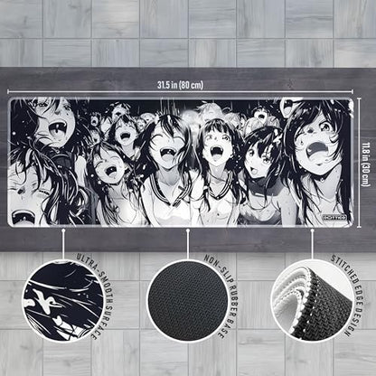 XL Black & White Manga Gaming Mouse Pad – Large Japanese Art Desk Mat for Keyboard & Mouse – Non-Slip Water-Resistant Surface, Stitched Edges – 31.5x11.8 in (X-Large) - color: Ahegao, size: 31.5L x 11.8W inches