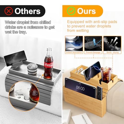 MinBoo Sofa Arm Tray Bamboo with Side Storage Pocket Couch Arm Table Cup Holder Absorbent Pad Foldable Portable Sofa Arm Chair Table for Drink Cups EatsSnacks Phone Remote Home Gift Accessory