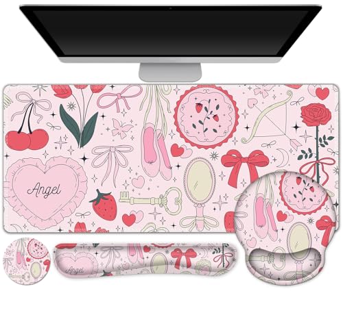 Gaming Mouse Pad, Large Desk Mat, Cute Desk Pad Protector, 4in1 XXL Mousepad + Keyboard Wrist Rest+Mouse Wrist Rest+Coaster Set with Ergonomic Desk Pad for Home Office Computer, Adorable Rose Bow - color: Adorable Rose Bow