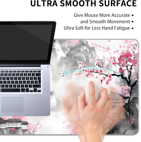 Japanese Cherry Blossom Large Mouse Pad,Gaming Keyboard Desk Pad,Extended Mouse Mat Non-Slip Rubber Base with Stitched Edges for Office Game Home XL 31.5"x11.8" - color: Cherry Blossom, size: 31.5L x 11.8W inches