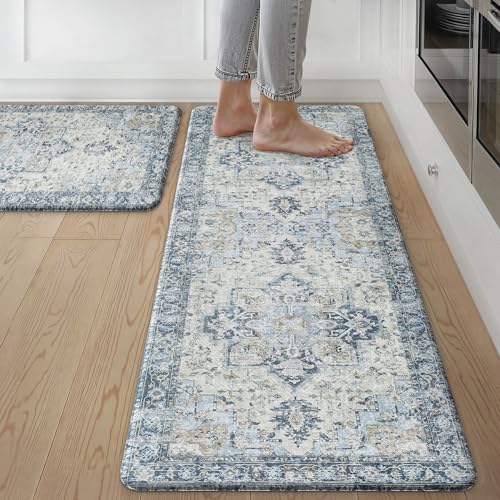 GENIMO Anti Fatigue Kitchen Mats for Floor 2PCS, Cushioned Standing Mats | 17.3"x47"&17.3"x30", Light Blue vintage boho rug set, waterproof, non slip, easy-clean for home laundry sink farmhouse - color: Light Blue, size: 17.3"x47"+17.3"x30"--0.4 inches