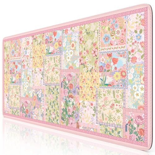 iCasso Pink Desk Mat for Keyboard and Mouse, Large Mouse Pad, Floral Desk Pad, Anti-Slip XXL Big Mousepad with Stitched Edges for Computer - color: A-pink