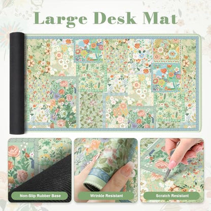 iLeadon Mouse Pad and Keyboard Wrist Rest, Large Computer Desk Mat, Mouse Pad Set with Wrist Pad for Keyboard, Cute Green Desk Pad Mat with Non Slip Base Office Home(Floral) - color: Green