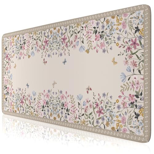 HAOCOO Beige Desk Matt for Desktop, Desk Mat for Keyboard and Mouse, Floral Keyboard Mat with Edge Stitching, Non-Slip Large Mouse Pad for Desk for Gaming,Women Office - color: Beige