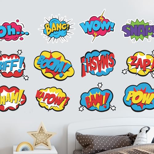 Superhero Comic Words Wall Decals - 12 Pack Action Sound Effects Stickers Peel and Stick Vinyl, Waterproof & Durable, Perfect for Kids' Room, Playroom, Nursery, Game Room, or Office Decor (1) - color: Ap-wd182