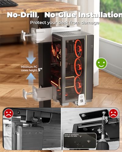 JOY worker No Drilling Under Desk PC Mount for Standing Desk, Clamp-On Desk Leg Computer Mount with Extra Protective Arms, Adjustable Computer Case CPU Holder Holds Up to 44lbs, White - color: White, style: Upgraded