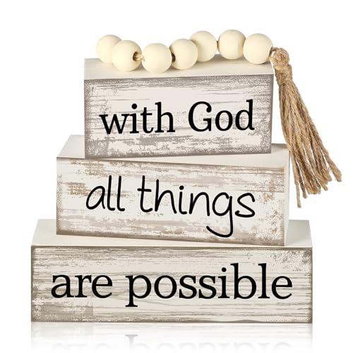 Yuntau 4 Pcs Farmhouse Wooden Tabletop Decor Farmhouse Tiered Tray Decor Rustic Retro Wood Bead Garland with God All Things are Possible Block Sign Neutral Centerpiece Sign for Home Shelf Mantle - style: Farmhouse