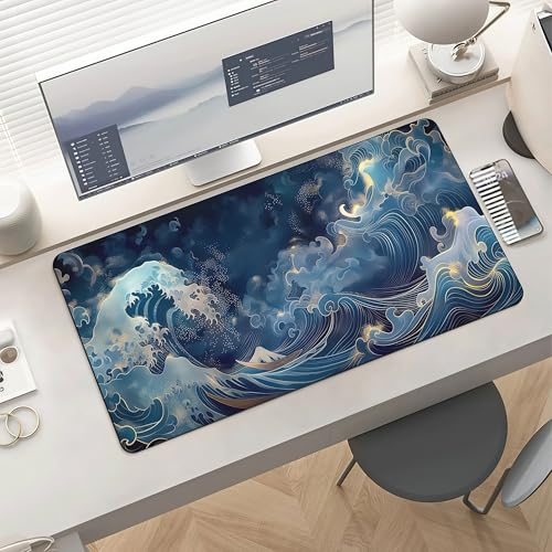 XXL Japanese Wave Gaming Mouse Pad, Extended Keyboard Mat, Blue Ocean Design with Golden Accent, Smooth Surface, Large Desk Mat for PC - color: Japanese wave
