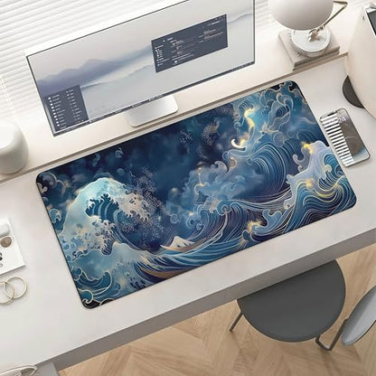 XXL Japanese Wave Gaming Mouse Pad, Extended Keyboard Mat, Blue Ocean Design with Golden Accent, Smooth Surface, Large Desk Mat for PC - color: Japanese wave