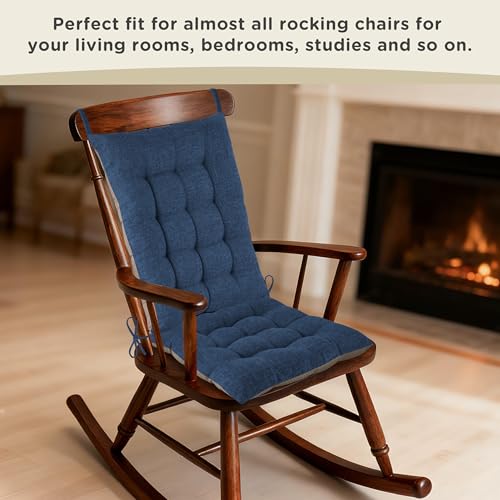 AddGrace Non-Slip Rocking Chair Cushion Extra Large Linen Thick Chair Pads Durable High Back Seat Cushions with Ties Set of 2 Navy - color: Navy