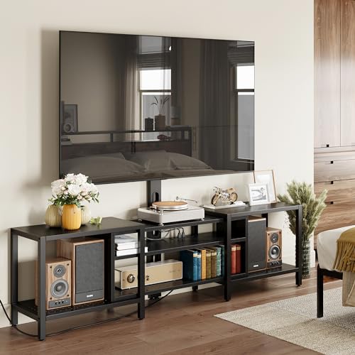 IRONCK 79 Inch TV Stand for TVs up to 85 Inch with Mount and Power Outlet, 3 Tiers TV Console with Storage Shelves, Entertainment Center, Steel Frame, for Living Room, Bedroom, Black - color: Black