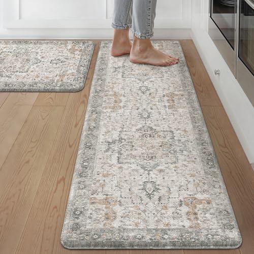 GENIMO Kitchen Mats for Floor 2PCs, Washable Anti Fatigue Mat for Cushioned, 17.3"x59"+17.3"x30", Waterproof Kitchen Rugs, Non Slip Comfort Standing Mat Rug for Home, Sink, Laundry, LightTaupeBrown - color: Light Taupe Brown, size: 17.3"x59"+17.3"x30"--0.