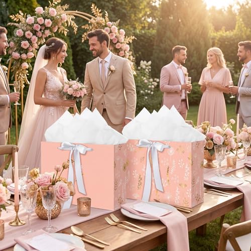 woric 13.7" Pink Gift Bags Set of 2, Large Birthday Gift Bags for Women | 2 Pink Bags with Ribbon Handle, 4 Tissue Paper & Greeting Cards, Women Girls Birthday, Anniversary, Wedding Bridal Showers - color: Pink