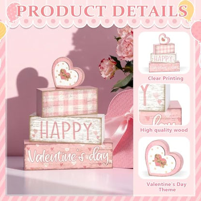 Britimes 4Pcs Valentine’s Day Table Decor Happy Valentine’s Day Pink Heart Tiered Tray Decorations Set Rustic Farmhouse Wooden Stack Block Signs Romantic Tabletop Decor for Table & Home Office Gift - style: Pink Happy Valentine