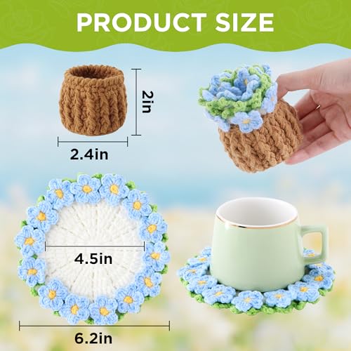 Flower Crochet Coasters, Handmade Bouquet Blanket Coaster with Crochet Plant Pot Fun Soft Decorative Drink Coasters for Coffee Tabletop Protection and Home Decor (Blue, 1Pc) - color: Blue, size: 1Pc