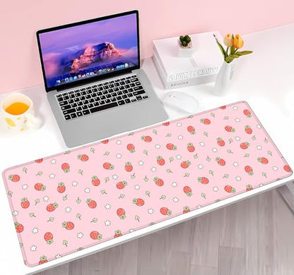 Pink Cute Desk Mat, Strawberries Mouse Pad XL, Aesthetic Hearts Desk Pad, Pastel Kawaii Deskmat, Laptop Office Gaming Computer Home Mice Mat Mousepad Stylish Office Gift, 31.5 X 11.8 Inch - color: Pastel Strawberry