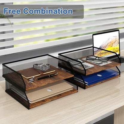Natwind 4-Tier Stackable Metal Mesh Paper Organizer with Sliding Tray,Retro | Wooden Desk Organizer, Letter Tray For Desktop,File Holder For Home Office School Classroom Organization - size: 4 Tier