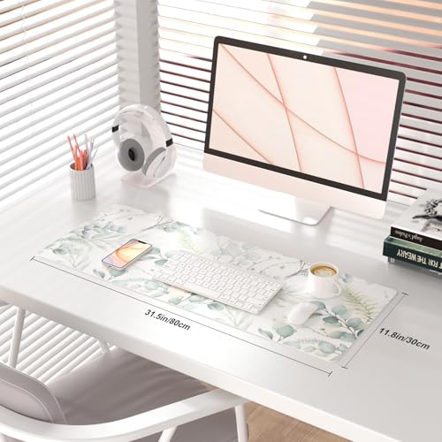 QIYI Large Mouse Pad for Desk, Cute Desk Mat for Desktop, Women Girls Green Office Décor Desk Accessories, PU Leather Waterproof Gaming Mousepad, Eucalyptus Leaf Desk Pad Computer Mat, 31.5" x 11.8" - color: Eucalyptus Leaf, size: 31.5" x 11.8"