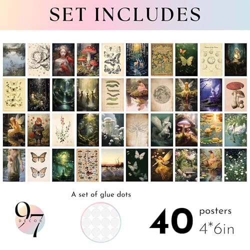 97 Decor Fairycore Room Decor - 40pcs Fairycore Decor Aesthetic Pictures, Cottagecore Wall Art, Goblincore Earthy Wall Art, Vintage Fairy Posters Mushroom Prints for Dorm Bedroom (4"x6") - color: Fairycore 40x4x6