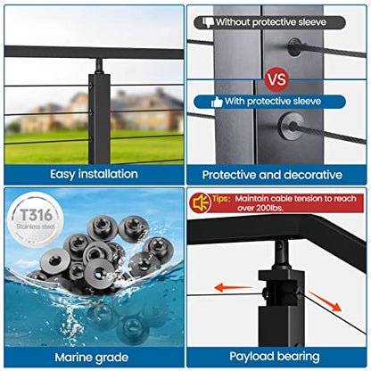 Muzata 20 Pack 1/8" Level Wheel Black Cable Railing Grommets ONLY for Level 1/8" Wire Rope T316 Stainless Steel Protector Sleeves Deck Cable Railing Hardware Kit Metal Posts CR72 - size: 20P, style: Black For Level