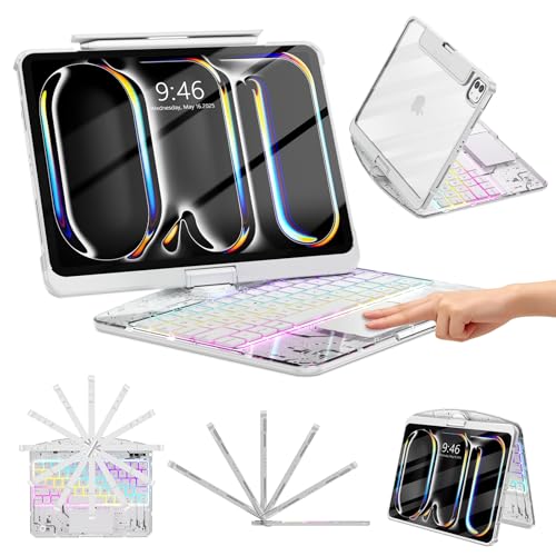 TSQQST Clear Wireless Keyboard Case for iPad Pro 11 Inch (M5/M4) 2025/2024 with Pencil Holder & Multi-Touch Trackpad, Visible PCB, 3-Brightness & 7-Color Backlight, 360° Rotating Stand, White - color: Clear+White, size: Pro11 M5/M4