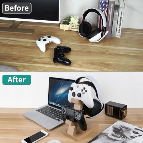 GEEKRIA Solid Wood Dual Gamepad and Headphone Stand, Controller Storage Holder for PS4, PS5, Xbox, Switch, 8BitDo, Universal Desk Game Accessories (Light Brown) - color: Light Brown