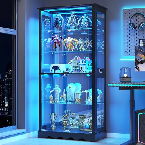Dystler Display Cabinet with RGB LED Lights & Glass Doors, 5-Tier, Black | Human Sensor Lighting, Flexible Storage with Adjustable Shelves, Modern Design Curio Cabinet - color: Pure Black