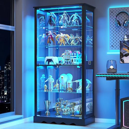 Dystler Display Cabinet with RGB LED Lights & Glass Doors, 5-Tier, Black | Human Sensor Lighting, Flexible Storage with Adjustable Shelves, Modern Design Curio Cabinet - color: Pure Black