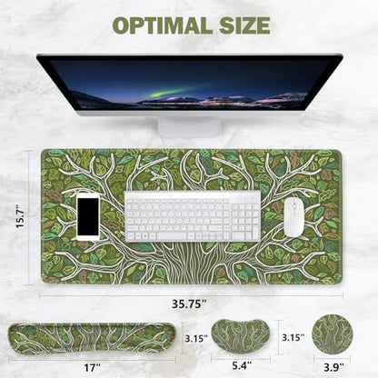 ToLuLu Desk Mat, Gaming Mouse Pad Wrist Support 4 in1 Set, XXL Large Mouse Pad + Keyboard Wrist Rest + Memory Foam Cushion Mouse Wrist Rest for Pain Relieve + Coaster Table Computer PC, Green Leaves - color: Green Leaves