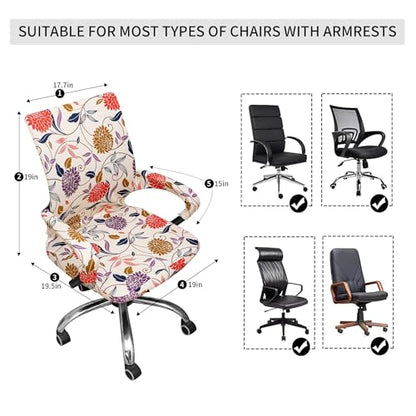 Waterproof Office Chair Cover with Armrest Cover 18Inch Wide Stretch Printed Floral Small Desk Computer Chair Covers with Long Zipper Arm Slipcovers Washable - color: Waterproof-printed Flower, size: Small