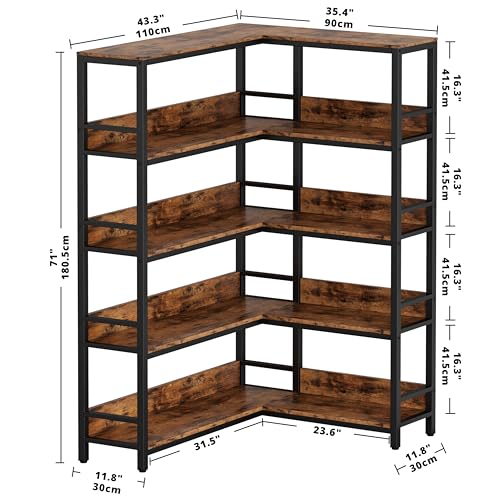 IRONCK Corner Shelf 5 Tiers 70LB Capacity L-Shaped Bookshelf with Baffles and Metal Frame for Home Office Living Room Kitchen Storage and Display