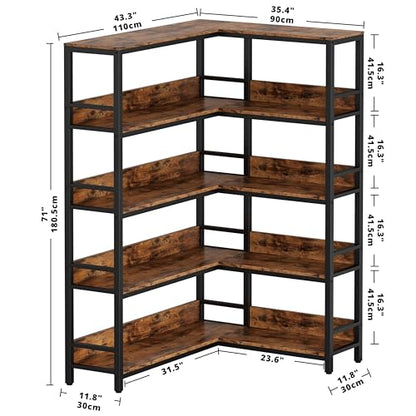 IRONCK Corner Shelf 5 Tiers 70LB Capacity L-Shaped Bookshelf with Baffles and Metal Frame for Home Office Living Room Kitchen Storage and Display