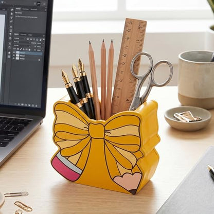MALLMALL6 Bow Pencil Holder - Back to School Wooden Pen Holder, Cute Ribbon Caddy Case Gift for Kids Students Girls Women, Desktop Dispenser Storage Organizer for Classroom Teacher Office - style: Bow