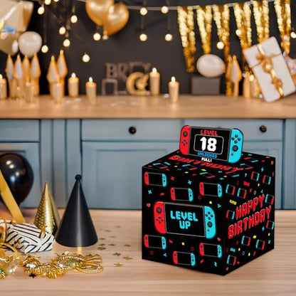 Video Game Birthday Money Pull Box with DIY Stickers for Any Ages, Happy Birthday Boxes Gifts for Money Pull Out Card, 50Pcs Transparent Bags - color: Red
