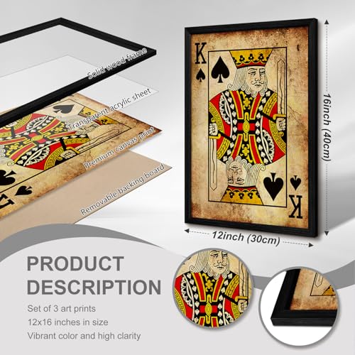 Playing Card Wall Art Poster Vintage Poker Canvas Wall Decor Retro Game Room Art Picture Joker King Queen Poster Trendy Retro Prints Vintage Poker Painting Artwork for Bedroom 12x16 Inch Framed 3Pcs - color: JQK Prints, size: 12x16 Inch Framed
