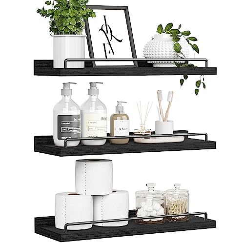 RYOFOBETTO Floating Shelves for Wall Decor Bathroom Shelves Over Toilet, Farmhouse Wall Shelves for Living Room, Bedroom, Picture Frames, Plants, Kitchen (Black, Set of 3) - color: Black, size: 16"