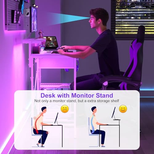 X-cosrack 33.5" Small Computer Desk with Monitor Stand & Outlets, Small Gaming Desk with LED Light & CPU Stand, Teen Study Writing Table with Storage Drawer, Side Hooks for Bedroom, Home Office White - size: 33.5" White with Normal Monitor Stand