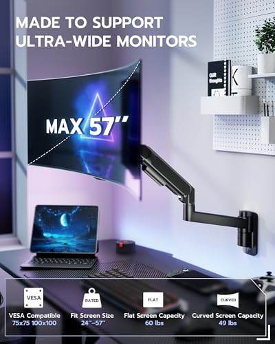 ARES WING Monitor Wall Mount for 24-57 Inch Ultrawide Gaming Screens, Premium Heavy Duty Monitor Arm Holds 60 lbs, Full Motion Gas Spring, Bearing Head for Easy Adjustment, 75/100 VESA Mount, Black - color: Black, size: Single Monitor Arm