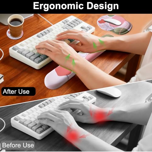 Keyboard Wrist Rest Mouse Pad with Wrist Support, Gaming Mousepad with Non-Slip Base, Ergonomic Mouse Wrist Arm Cushion Support for Home Office Laptop Computer, Easy Typing Pain Relief, Pink Flower - color: Pink Flower