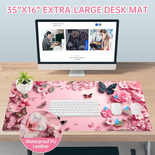 PU Leather Desk Mat Blotter,Cute Pink Desk Mat for Office, Home,School,Keyboard,Mouse,15.7"x31.5" Large Non-Slip Writing Mat with Travel Storage Strap, Waterproof Easy to Clean (Pink Butterfly) - style: Pink Butterfly